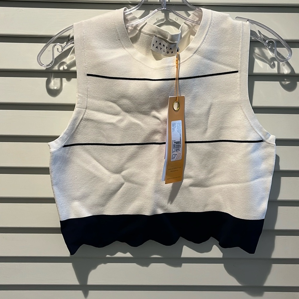 TANYA TAYLOR. Navy and white sleeveless cropped shirt. Size xs. NWT
